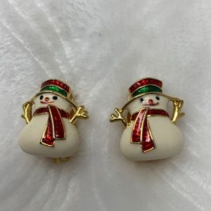 Christmas enamel snowman clip on earrings gold tone red green sparkle enamel
